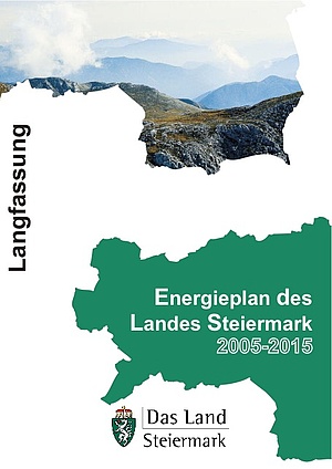 Cover der Langfassung des Energieplanes des Landes Steiermark 2005-2015. Zweimal der Umriss der Steiermark. Einmal grün gefüllt, einmal mit Bild von steirischen Bergen gefüllt.