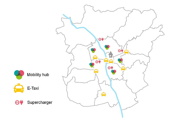 Grafik mit den geplanten tim-Standorten in Graz. 