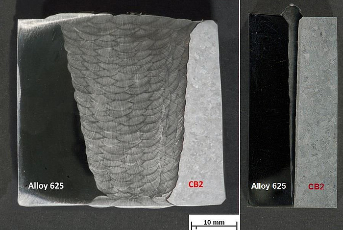 Comparison between conventional arc welding (left) and electronic beam weld.