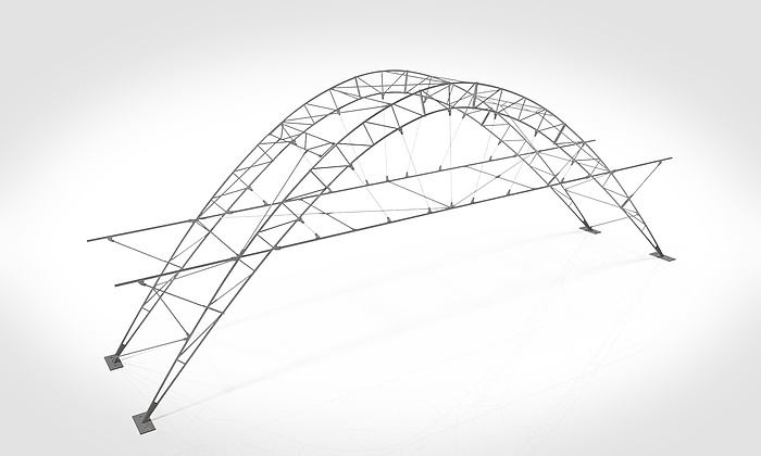 Grafische Darstellung einer eleganten bogenförmigen Brückenkonstruktion.