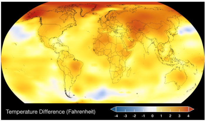 © https://climate.nasa.go Eine Weltkufel. Das meiste ist Gelb. Eine Darstellung der weltweiten TEmperaturunterschiede