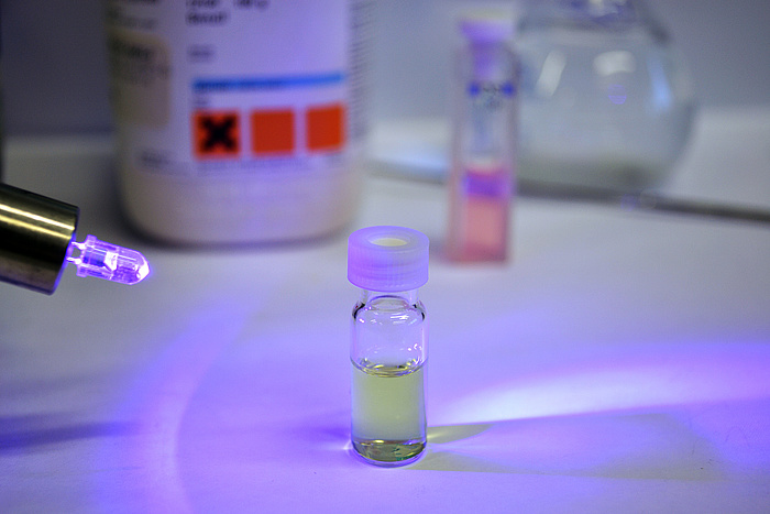 Photopolymer solution exposed to LED light.