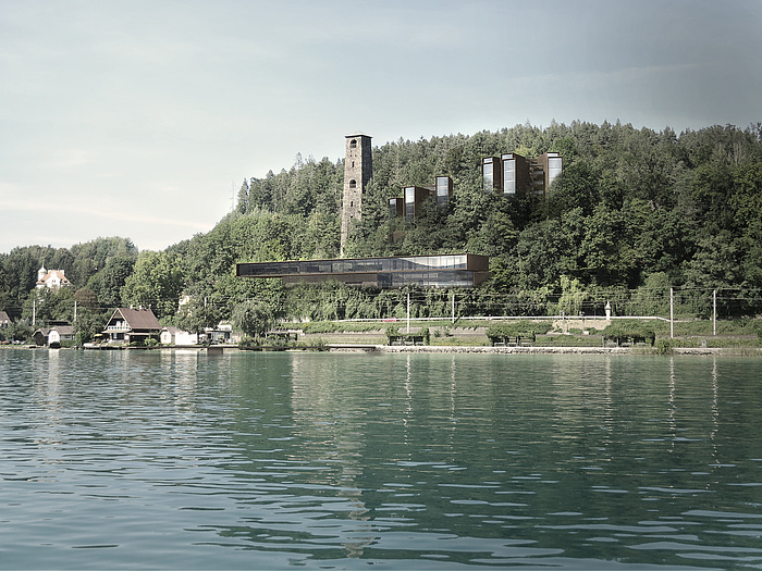 Blick auf den Schrotturm und die konzipierte Hotelanlage am Wörthersee.