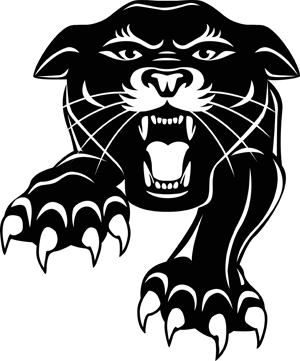 Schwarz-weiße Grafik eines Panthers im Sprung von vorne.