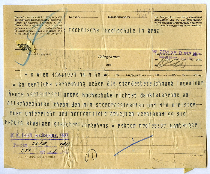 Telegramm aus dem Jahr 1917, gerichtet „an die Technische Hochschule in Graz“, das mit dem Wortlaut „= kaiserliche verordnung über die standesbezeichnung ingenieur“ beginnt.