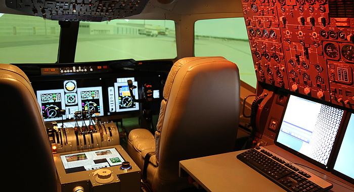 The cockpit of the wide-body aircraft simulator. 