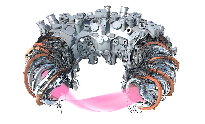 Computergrafik von Plasma, Magnetspulen samt Verkabelung und Kühlleitungen, innerer Stützstruktur sowie Teilen der Außenhülle der Fusionsanlage Wendelstein 7-X.