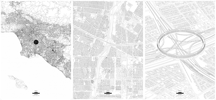 Three-part graphic urban process depiction of the ring-shaped construction making the remaining areas of the transport hub accessible, endowing it with a new urban function.