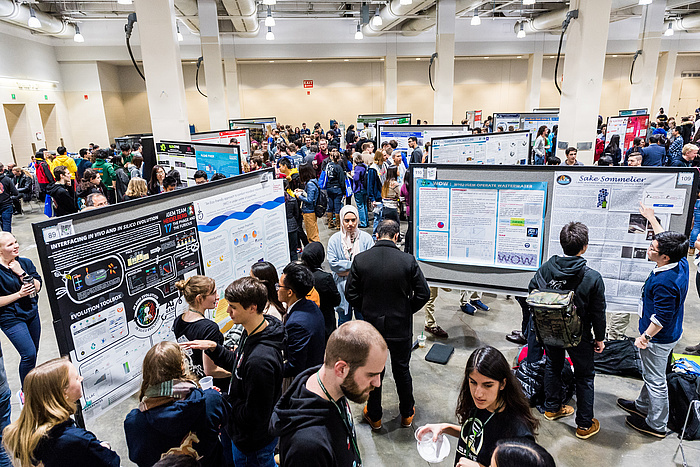 Students from all over the world deeply involved in conversation and in their studies; numerous posters on stands in a big room.