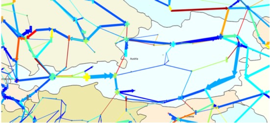 380/220kV-Netz von Österreich mit entsprechender Lastflussrichtung und Leitungsauslastung
