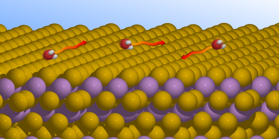 Eine Grafik zur Bewegung von Wassermolekülen auf einem topologischen Isolator. In der untern Bildhältfte sind gestapelte orange und violette Kugeln zu sehen. Die obere Bildhälfte ist blau. auf den Kugeln sind drei rote Kugeln mit zwei kleiner weißen Kugeln zu sehen, die je einen roten Richtungspfeil zeigen.