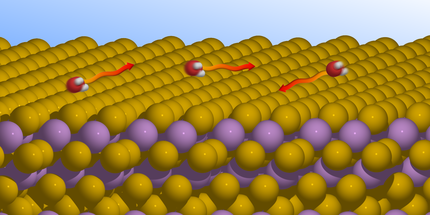 Eine Grafik zur Bewegung von Wassermolekülen auf einem topologischen Isolator. In der untern Bildhältfte sind gestapelte orange und violette Kugeln zu sehen. Die obere Bildhälfte ist blau. auf den Kugeln sind drei rote Kugeln mit zwei kleiner weißen Kugeln zu sehen, die je einen roten Richtungspfeil zeigen.