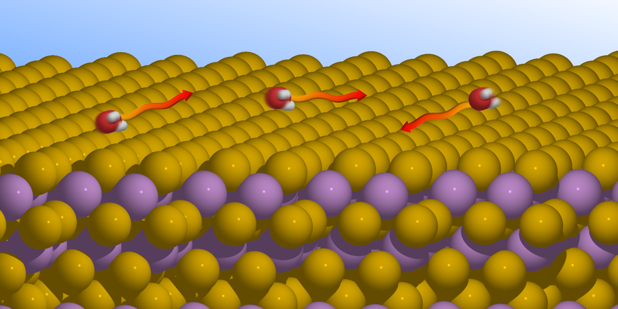 A graph showing the movement of water molecules on a topological insulator. In the lower half of the picture you can see stacked orange and purple balls. The upper half of the picture is blue. On the balls are three red balls with two small white balls, each showing a red directional arrow.