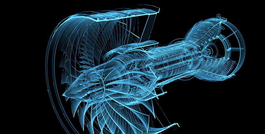 Eine blaue, schematische Darstellung einer Turbine.