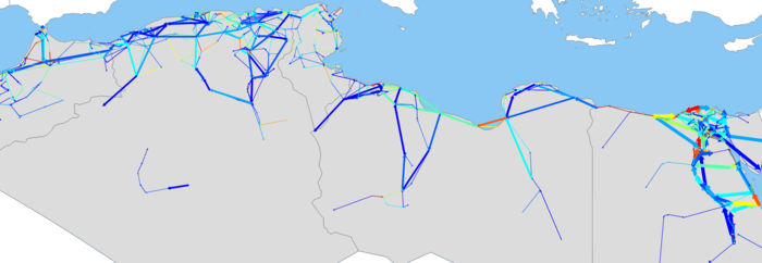 A map of North Africa with several colourful stripes.