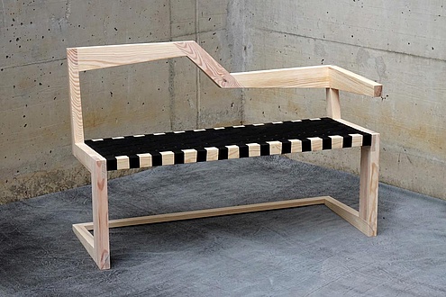 Bench made of pinewood, seat covered with black webbing