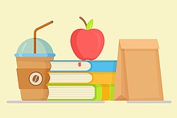 Bücher und Lunchpaket.