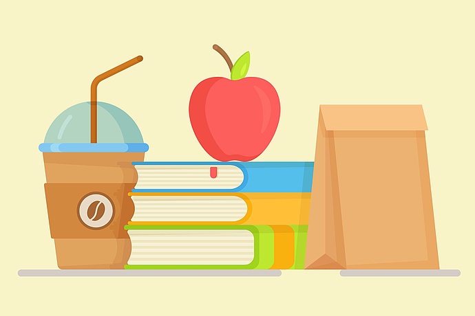 Bücher und Lunchpaket.