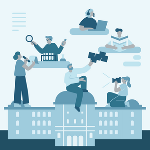 Illustration mit verschiedenen Personen und einem Gebäude der TU Graz.