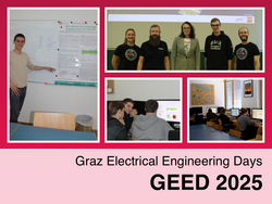 Collage from the Graz Electrical Engineering Days (GEED 2025) showing students giving presentations, group work at computers, and a poster about sustainable energy systems.