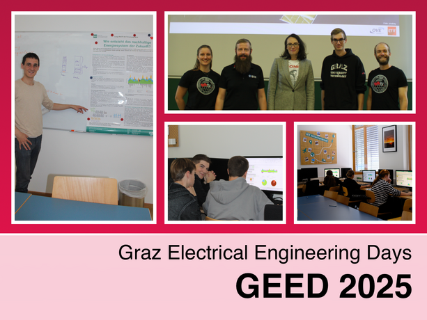 Collage from the Graz Electrical Engineering Days (GEED 2025) showing students giving presentations, group work at computers, and a poster about sustainable energy systems.