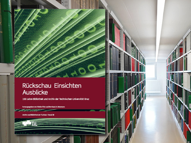 The book cover of the commemorative publication 150 Years of the Graz University of Technology Library is in the foreground, with the library's bookshelves behind it.