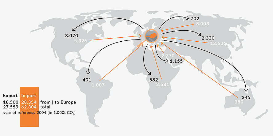 A map of the world with orange lines.