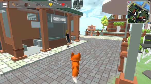 Ein Fuchs-Avatar läuft in einem Computerspiel über Kopfsteinpflaster