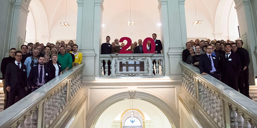 A big group picture in the stairway of Alte Technik