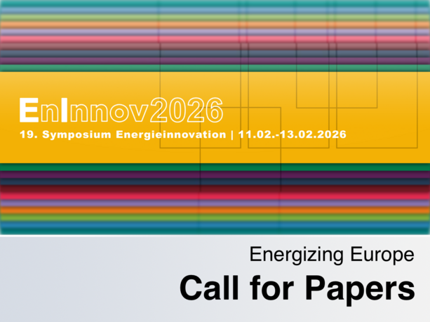 Graphic for EnInnov2026 – 19th Symposium Energy Innovation | 11.02–13.02.2026, with colorful horizontal stripes, yellow title bar, and the text “Energizing Europe – Call for Papers.”