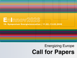 Grafik zum EnInnov2026 – 19. Symposium Energieinnovation | 11.02.–13.02.2026, mit bunten horizontalen Streifen, gelbem Titelbalken und dem Text „Energizing Europe – Call for Papers“.