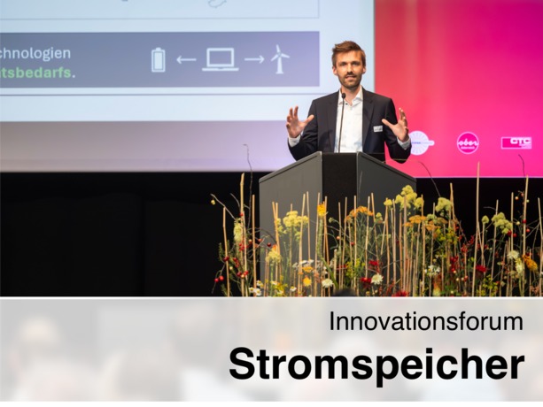 Robert Gaugl speaks at the Innovationsforum Stromspeicher from a podium in front of a presentation slide, red logos, and floral decorations.