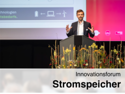 Robert Gaugl speaks at the Innovationsforum Stromspeicher from a podium in front of a presentation slide, red logos, and floral decorations.