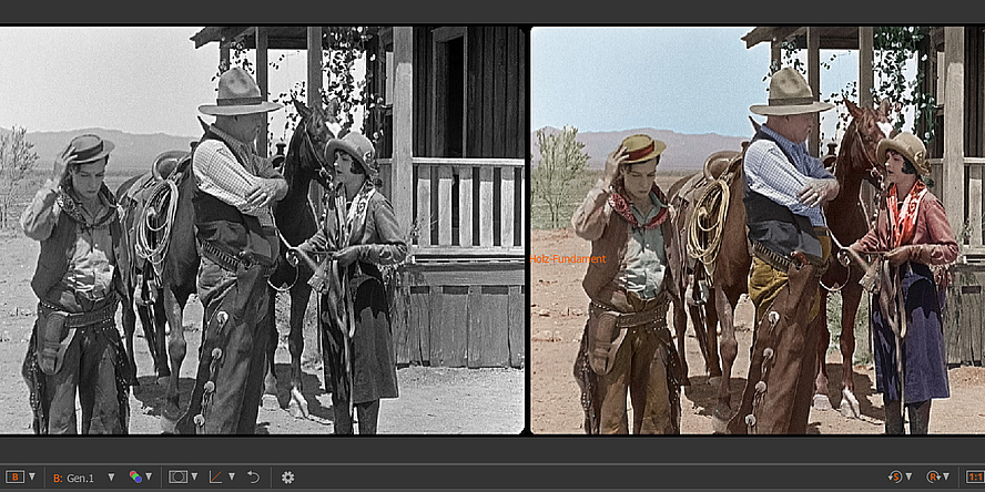 A picture split in the middle with two times the same subject, once in color, once in black and white.