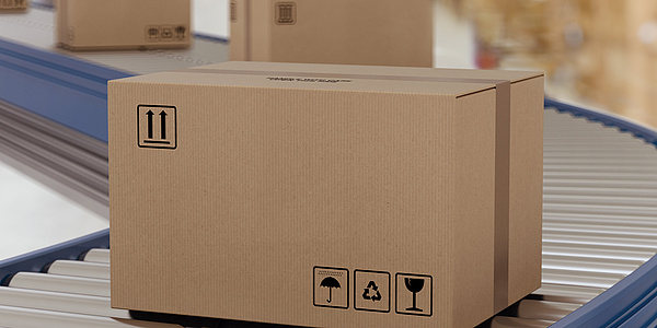 Cardboard boxes on conveyor rollers ready to be shipped by courier for distribution.