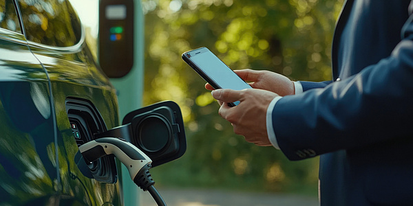 Ein Geschäftsmann hält sein Smartphone in der Hand, während er sein Auto an einer Ladestation für Elektrofahrzeuge auflädt, Nahaufnahme.