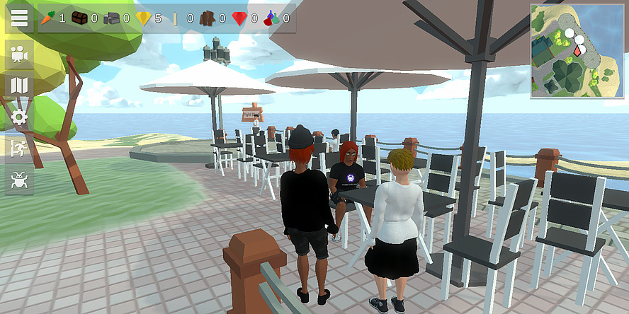 Screenshot of a computer game in which two avatars are standing in front of some tables.