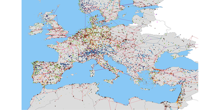 A map of Europe. There are several colourful dots and lines. 