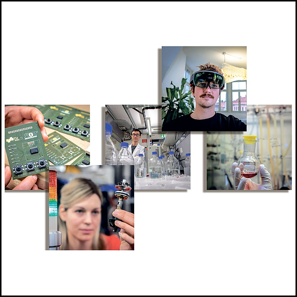 Five small square pictures show different research situations: an electronic circuit board, a woman holds up a metallic object, in front of a man are numerous transparent vessels, a man wears unusual glasses, a hand in a protective glove holds up a transparent vessel containing a red liquid.