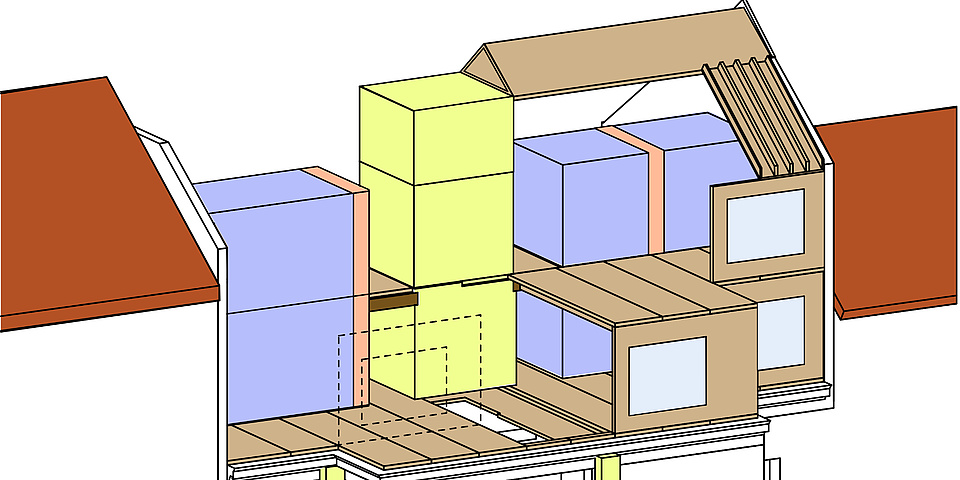 Computer graphic of a house attic that has been extended with modules.