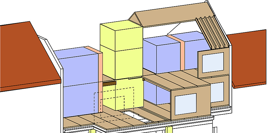 Computer graphic of a house attic that has been extended with modules.