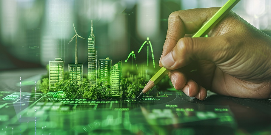 Hand mit Bleistift skizziert eine digitale Skyline mit Hochhäusern und Windrädern, ESG Umwelt-Soziale-Governance-Anzeige auf einem Papierdiagramm, kleine grüne Bäumchen, grüner Hintergrund
