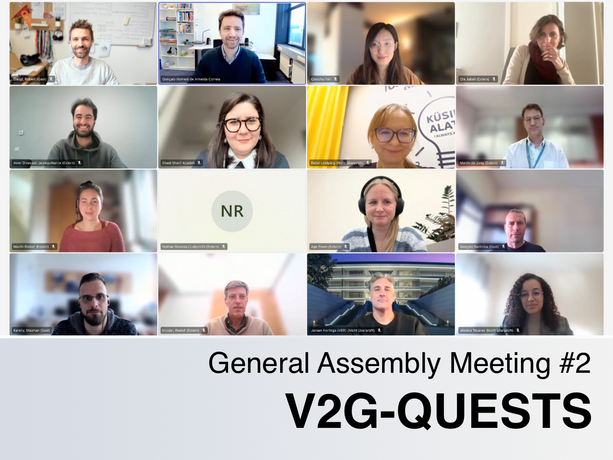 Screenshot of an online meeting with 16 participants in video tiles and one with initials, below the title “General Assembly Meeting #2 V2G-QUESTS.”