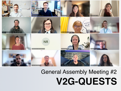 Screenshot of an online meeting with 16 participants in video tiles and one with initials, below the title “General Assembly Meeting #2 V2G-QUESTS.”