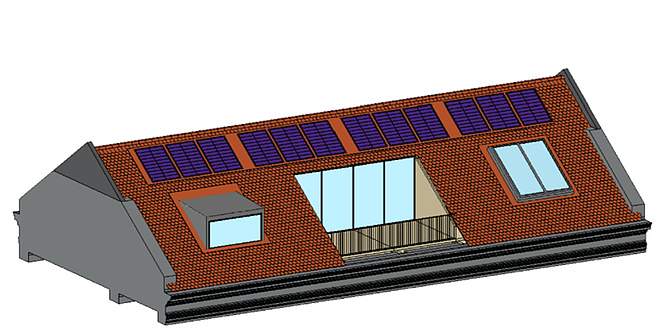 Computer graphic of a house roof with windows and PV panels.