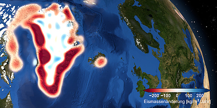 Graphic of the earth, taken from outer space, Greenland is shown in white and red colors, showing the loss of ice mass, other continents are green