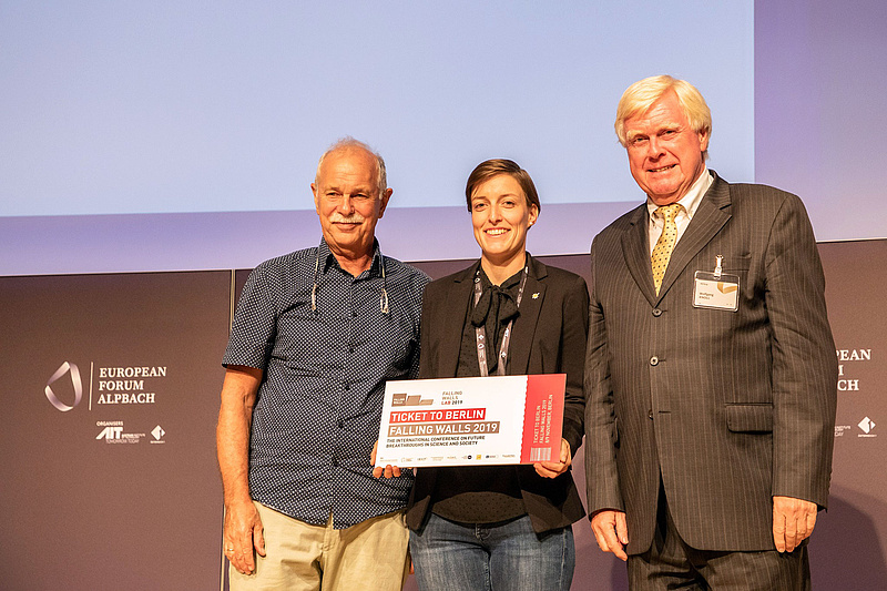 Eine Frau mit einem überdimensional großen Flugticket, an ihrer Seite zwei Männer