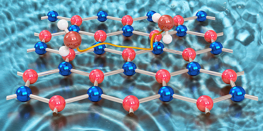 A molecular lattice designed to represent a moving water molecule.