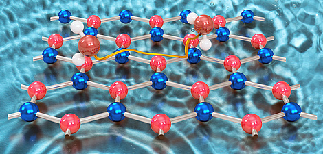 Ein Molekülgitter, das ein sich bewegendes Wassermolekül darstellen soll.