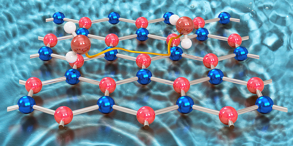 Ein Molekülgitter, das ein sich bewegendes Wassermolekül darstellen soll.